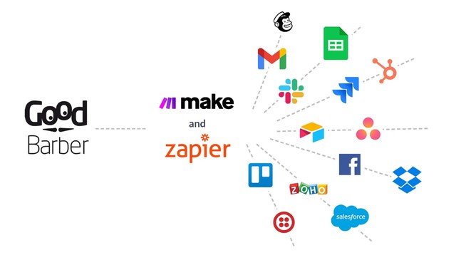 Logos of several third party services that can be connected to GoodBarber thanks to Zapier or Make