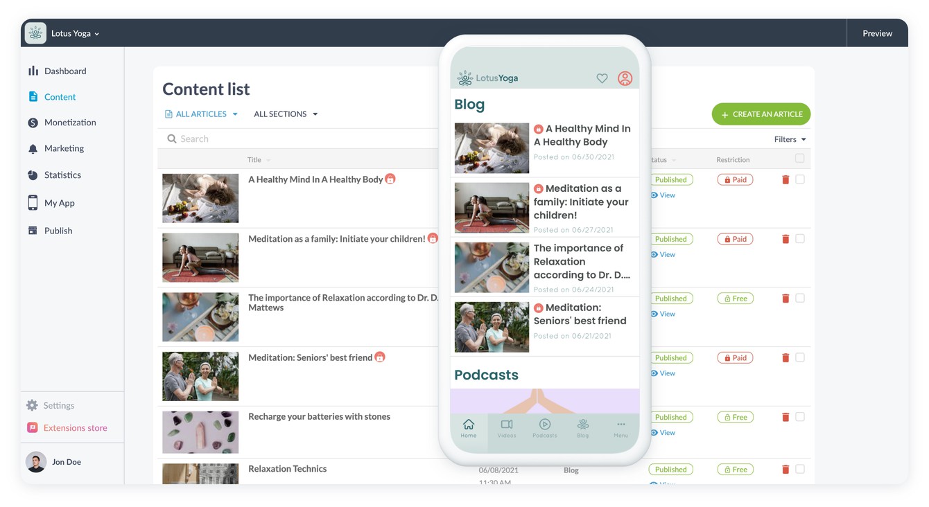 Screenshot of the Content apps solution - article list