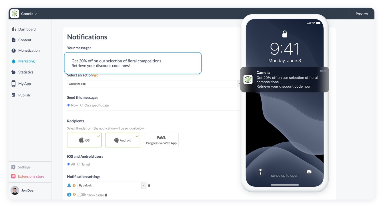 Screenshot of the push notification sending interface