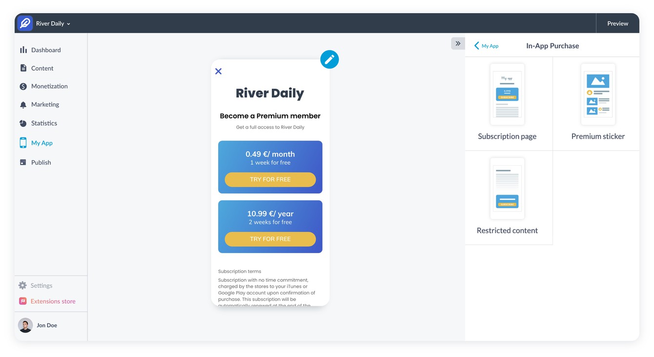 Screenshot of the in-app purchase landing page configuration