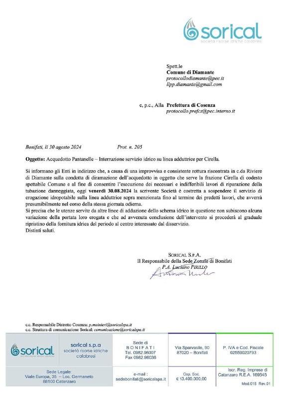 Acquedotto Pantanelle - Interruzione servizio idrico su linea adduttrice per Cirella.