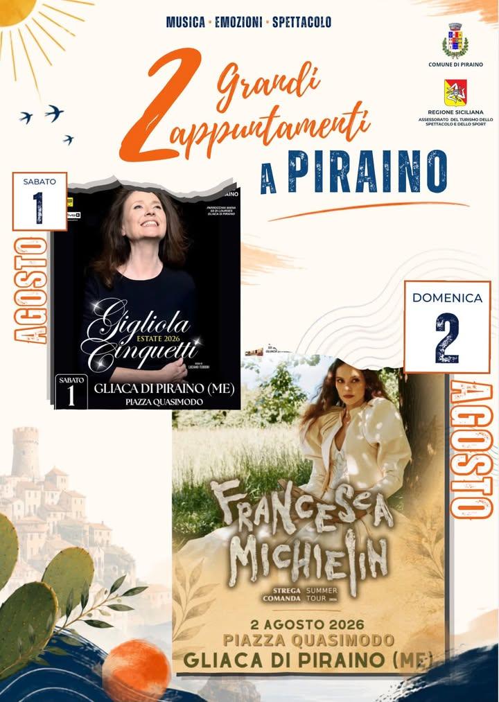 📌Domani e dopodomani Piraino vivrà due serate di grande musica. 𝗦𝗔𝗕𝗔𝗧𝗢 𝟭 𝗔𝗚𝗢𝗦𝗧𝗢 accoglieremo 𝐆𝐈𝐆𝐋𝐈𝐎�...