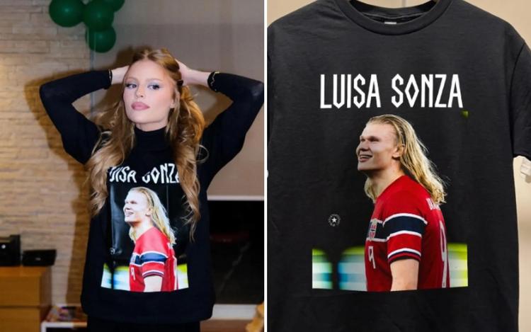 Loja de Goiânia cria camiseta comparando Luísa Sonza ao Haaland, e cantora brinca ao vestir blusa: 'Prometo jogar mal'