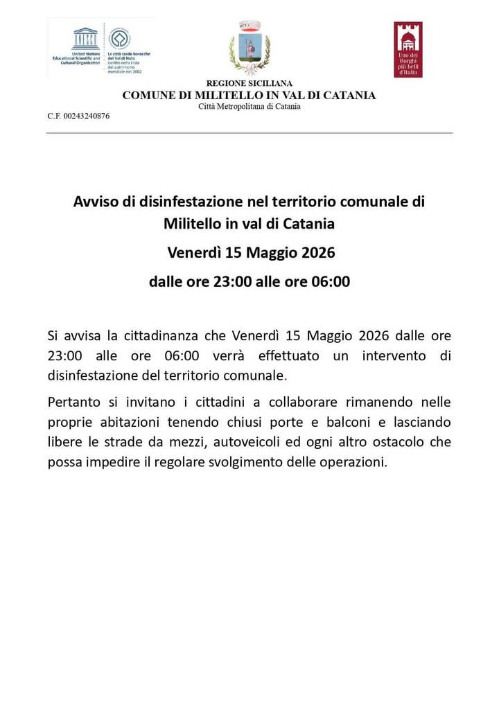 Avviso di disinfestazione nel territorio comunale di Militello In Val di Catania Venerdì 15 Maggio 2026 dalle ore 23:00...