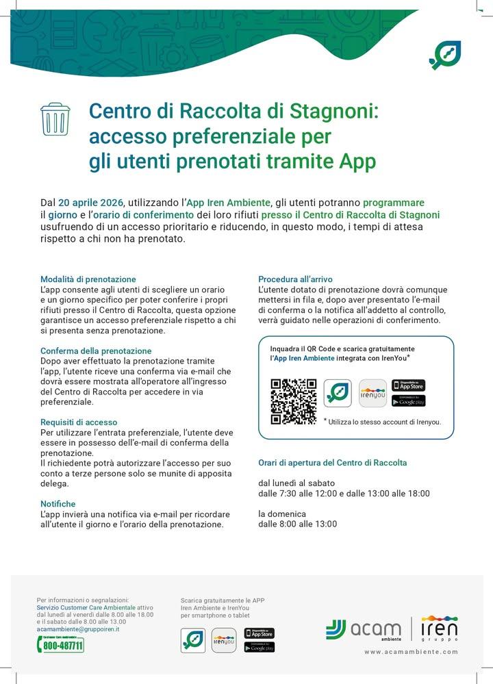 Dal 20 aprile sarà possibile prenotare il conferimento presso il Centro di Raccolta degli Stagnoni. Tramite l'App Iren A...
