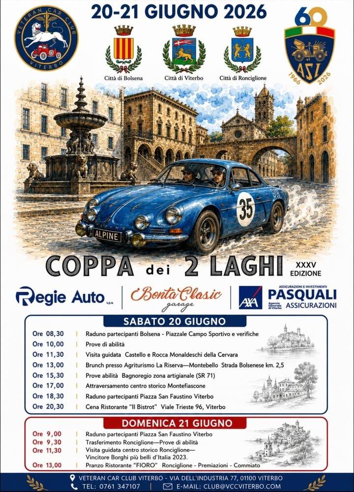 🚗🏆 COPPA DEI DUE LAGHI 🏆🚗 Il Veteran Car Club Viterbo è lieto di invitare tutti gli appassionati di auto storiche al...