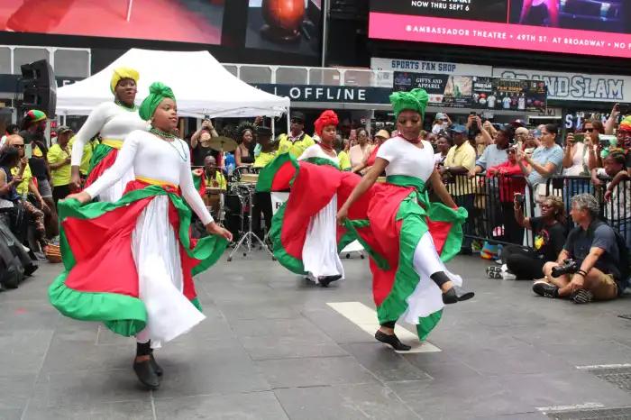 Spice Generation dancers go through their paces on the tarmac in Times Square to celebrate Tropicalfetes fifth annual Carnival Pop-Up on Aug. 30.