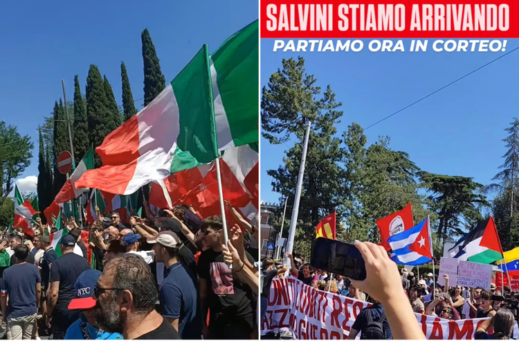 Odio rosso, fiamme e letame davanti al ministero di Salvini. E in 10mila sfilano per la Remigrazione