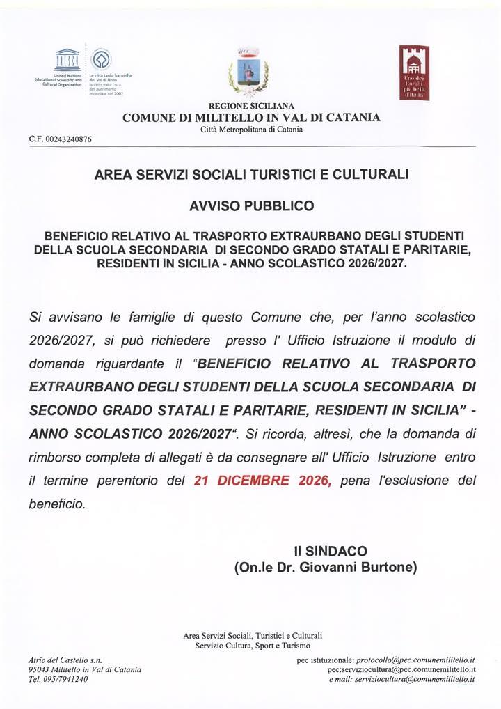 AWISO PUBBLICO BENEFICIO RELATIVO AL TRASPORTO EXTRAURBANO DEGLI STUDENTI DELLA SCUOLA SECONDARIA DI SECONDO GRADO STATA...