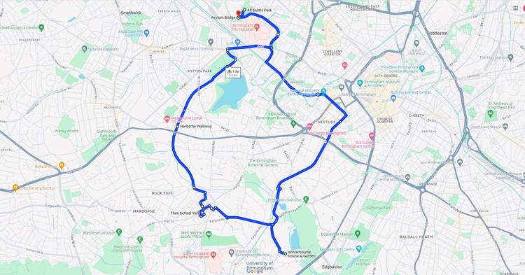 Route overview of the 15.5km Birmingham Cycle Route: Harborne, Winterbourne House