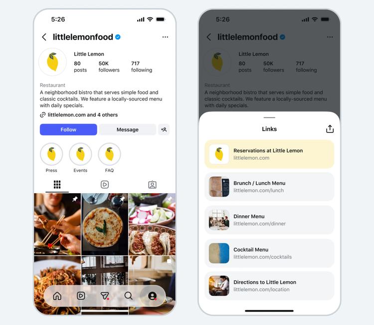 Two Instagram screens show a restaurant profile and Meta One’s link page, with image thumbnails and links to reservations, menus and directions.