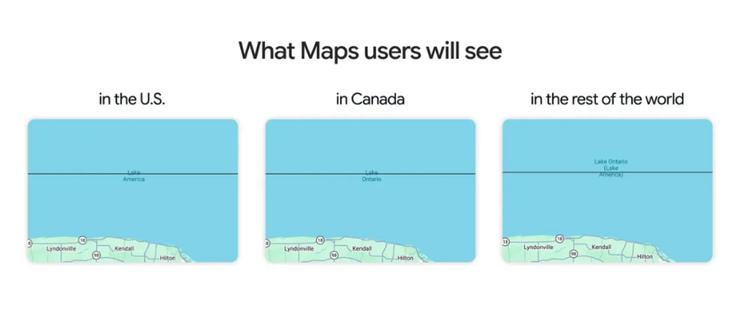 Three Google Maps screenshots showing “Lake America” in the U.S., “Lake Ontario” in Canada, and both names elsewhere.