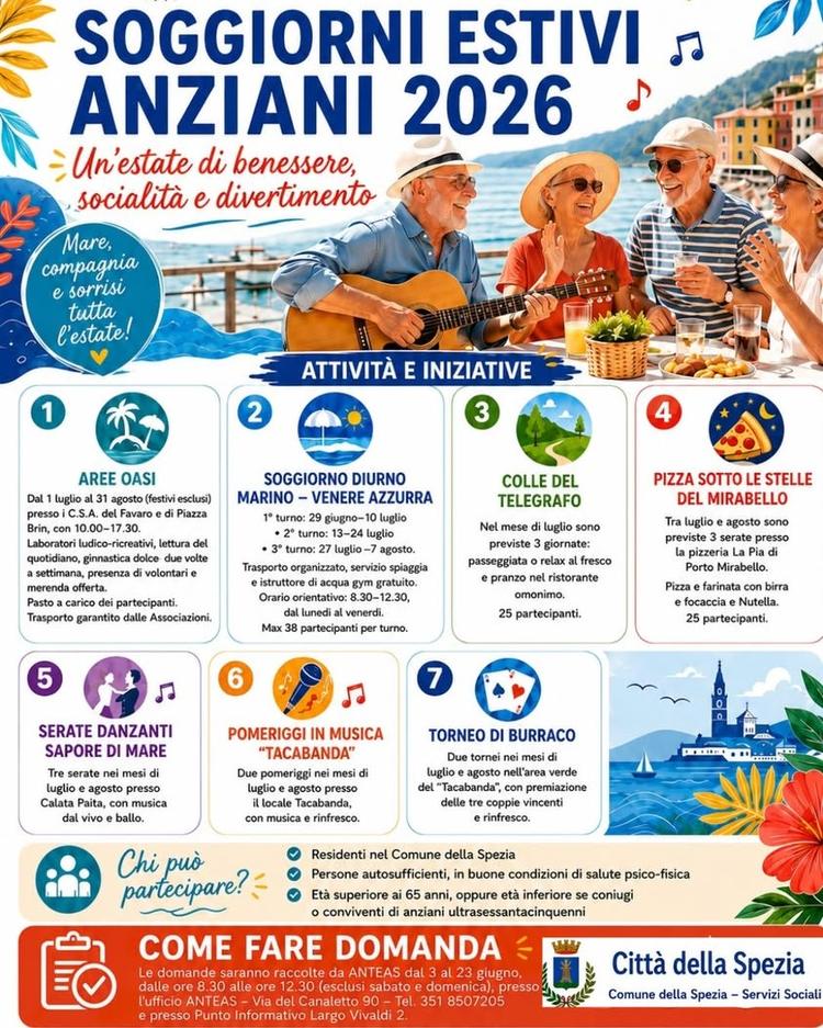 🌞 Estate anziani 2026 📆 Anche quest’anno il Comune della Spezia promuove un ricco programma di attività dedicate alla...