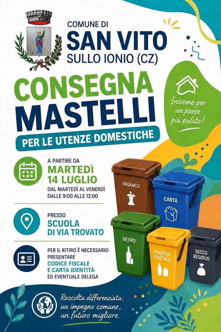 Il Comune di San Vito sullo Ionio invita tutti i cittadini al ritiro dei mastelli per la raccolta differenziata ♻️  La c...