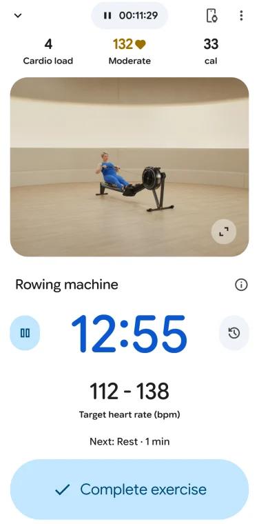 a screenshot of the google health app with an image of a person on a rowing machine