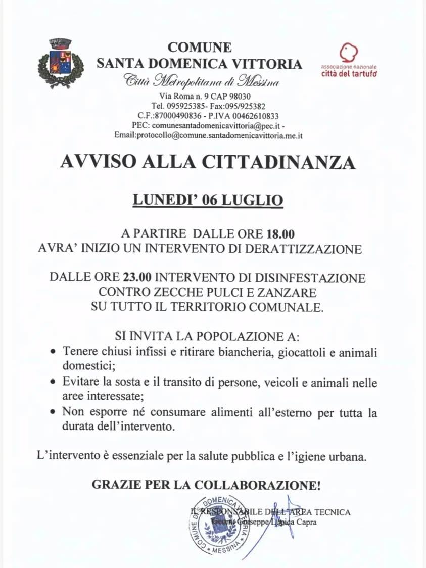 📢 AVVISO ALLA CITTADINANZA Si ricorda che questa sera, lunedì 6 luglio, nel territorio comunale di Santa Domenica Vitto...