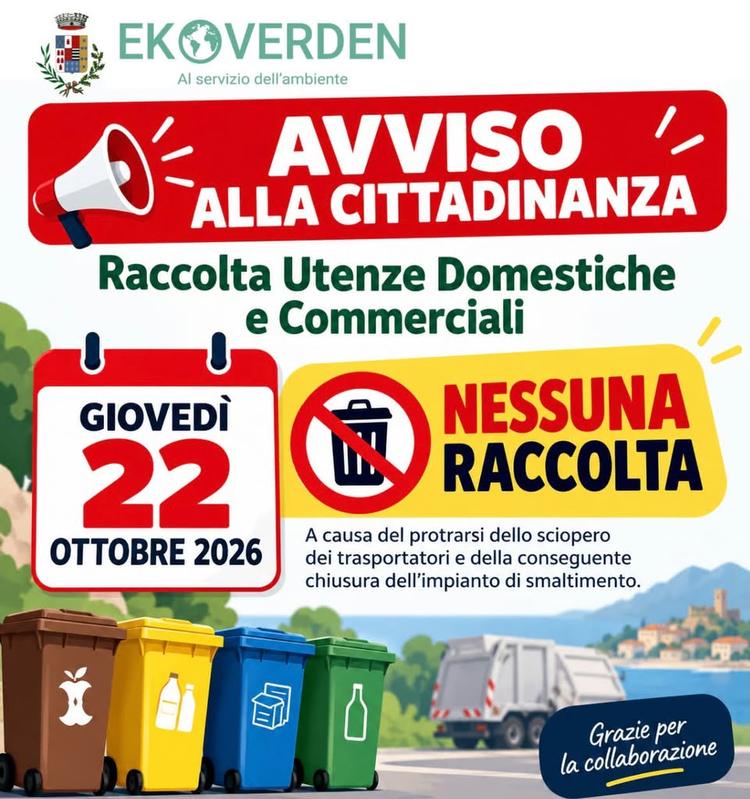 ⚠️ Domani giovedì 22 ottobre la raccolta dei rifiuti non sarà effettuata a causa della chiusura dell’impianto di smaltim...