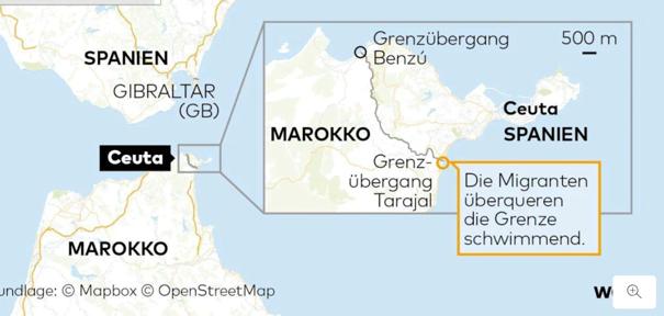 Ceuta liegt nordöstlich an der Grenze zu Marokko. Karte: Die Welt