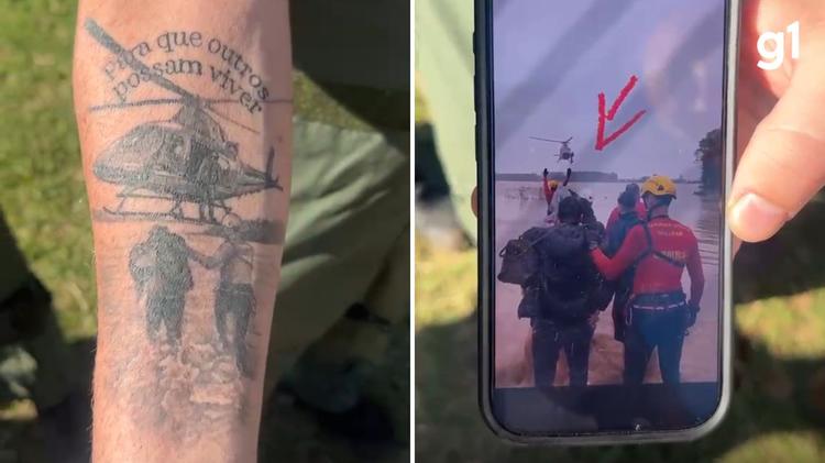 'Nasci de novo': bombeiro tatua resgate de ilhados na enchente do RS em 2024 e reencontra sobrevivente dois anos depois