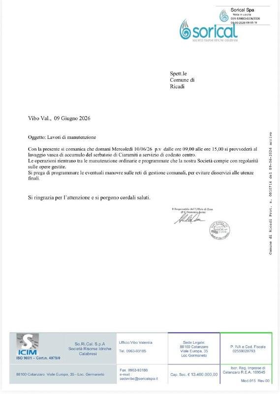 Avviso : domani Mercoledì 10/06/26 p.v dalle ore 09,00 alle ore 15,00 si provvederà al lavaggio vasca di accumulo del se...