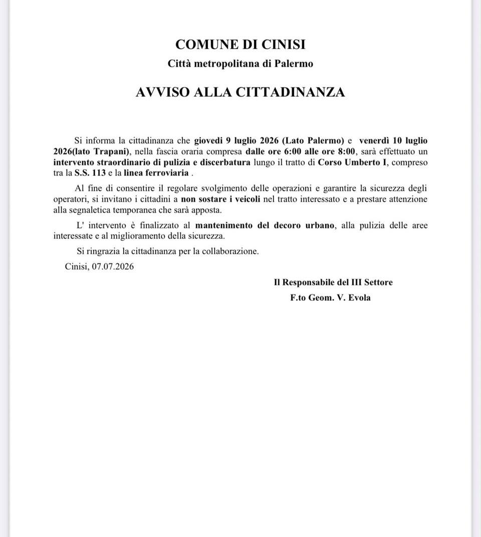 🚧 AVVISO ALLA CITTADINANZA Si informa la cittadinanza che, per consentire lo svolgimento di un intervento straordinario...