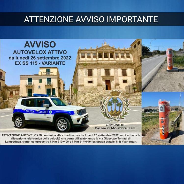 ATTENZIONE AVVISO IMPORTANTE: ATTIVAZIONE AUTOVELOX Si comunica alla Cittadinanza che da Lunedì saranno attivi gli AUTOV...