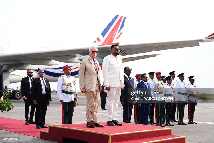 Britain's King Charles III is welcomed by Guyana's President Dr Mohamed Irfaan Ali at Cheddi Jagan International Airport in Timehri, Guyana on October 29, 2026. King Charles III is on an official visit to Guyana.