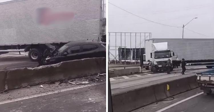 Vídeo: carreta fica atravessada após colisão com carro e interdita duas faixas da BR-101 em Barra Velha