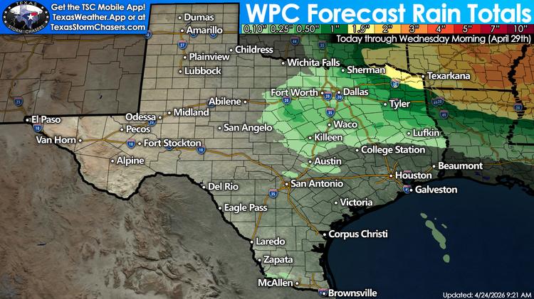 Texas forecast rainfall totals map through Wednesday morning, April 29, showing the heaviest rain from North Texas into Northeast Texas and East Texas, including areas near Dallas, Sherman, Tyler, and Texarkana.