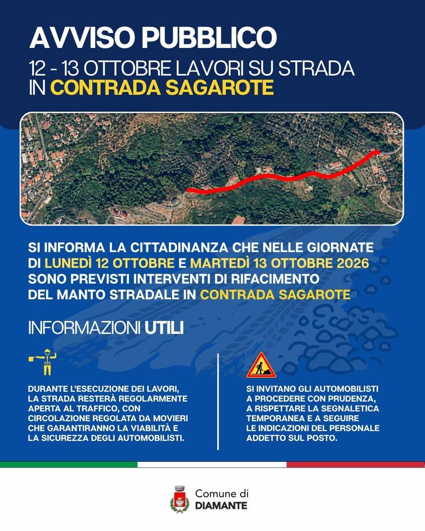 Si informa la cittadinanza che lunedì 12 e martedì 13 ottobre 2026 sono previsti interventi di rifacimento del manto str...