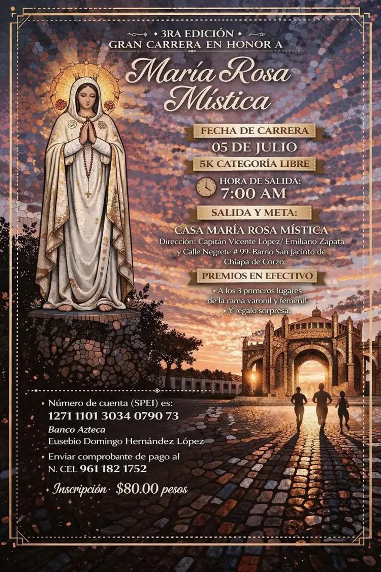 ¡Fe y deporte en Chiapa de Corzo! Llega la “3ra Gran Carrera en honor a María Rosa Mística”