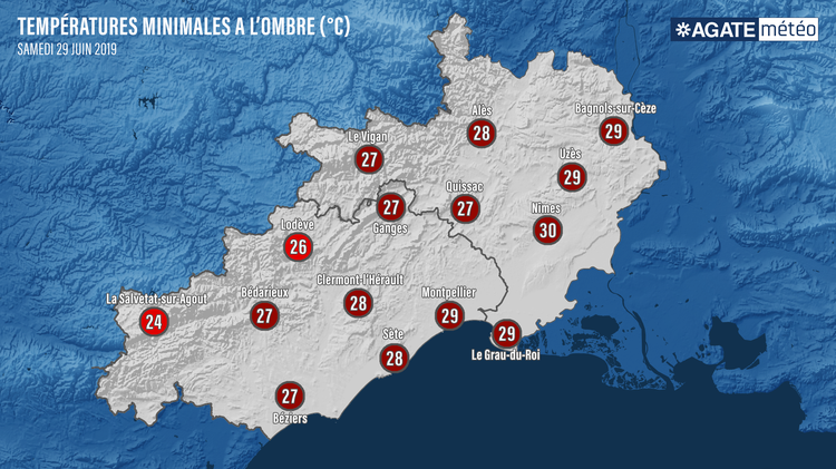 Carte des températures minimales envisagées pour ce samedi 29 juin au matin.