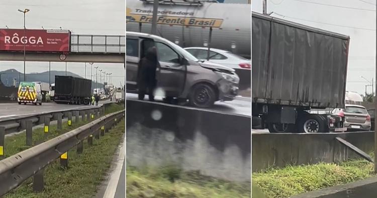 Acidente entre carro e carreta bloqueia a BR-101, em Itajaí; congestionamento teve pico de 15 quilômetros