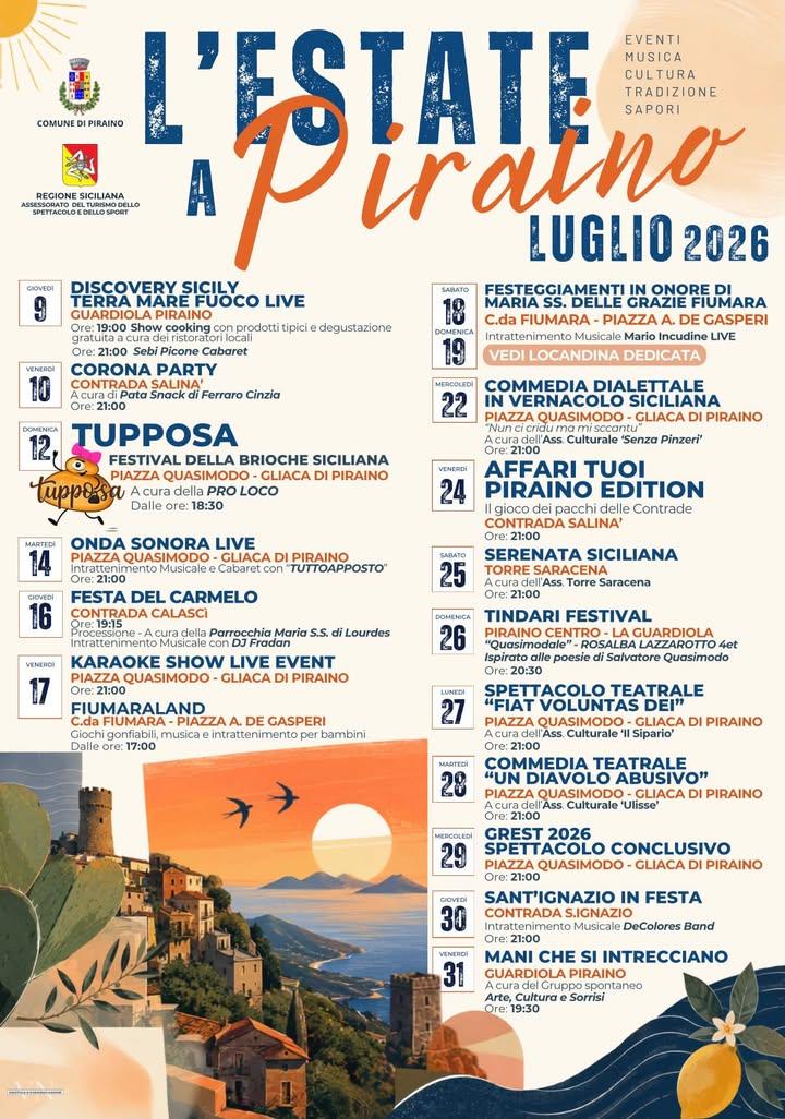 ☀️ L’Estate a Piraino – Luglio 2026 È arrivato il calendario eventi Luglio 2026. Musica, spettacoli, tradizioni, teatro,...