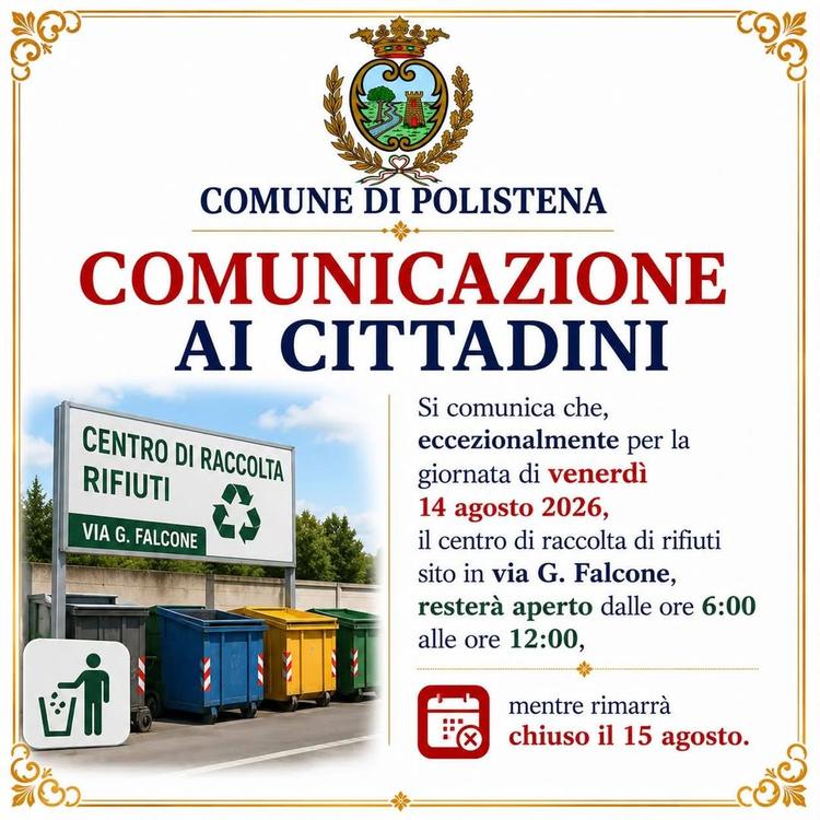 COMUNICAZIONE  AI CITTADINI Si comunica che, eccezionalmente per la giornata di venerdì 14 agosto 2026, il centro di rac...