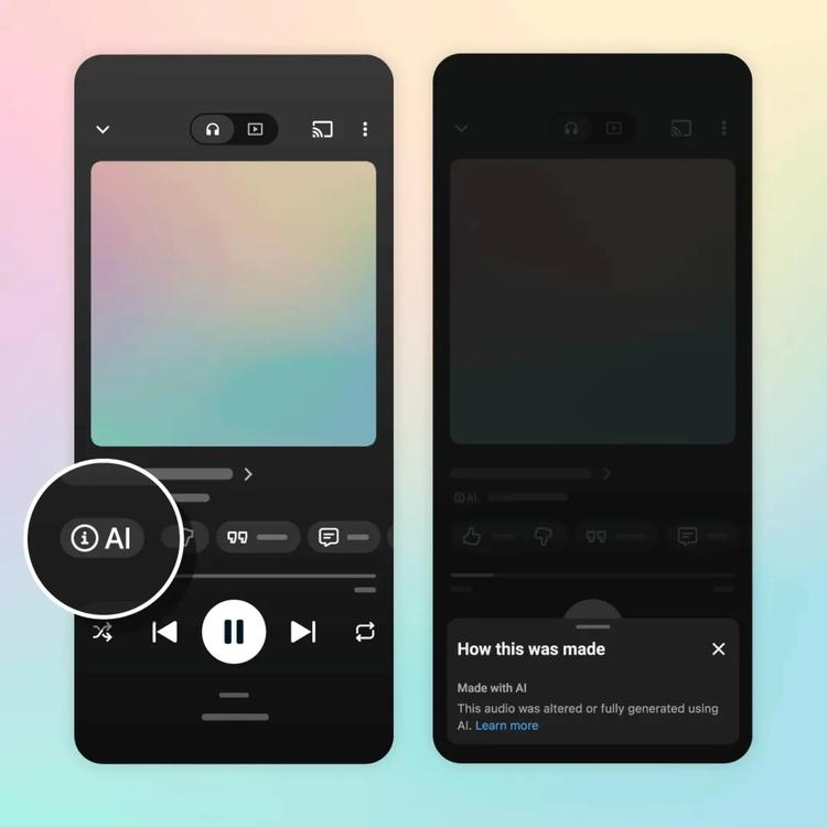 Two YouTube Music screens show an AI label on the player and a How this was made panel explaining that the audio was altered or fully generated using AI on YouTube.