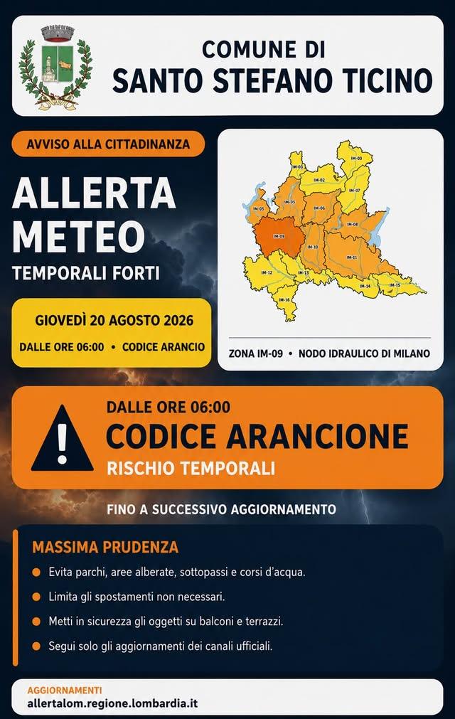 🟠 ALLERTA METEO – CODICE ARANCIONE Dalle ore 06:00 di oggi, giovedì 20 agosto, è prevista un’allerta arancione per risc...
