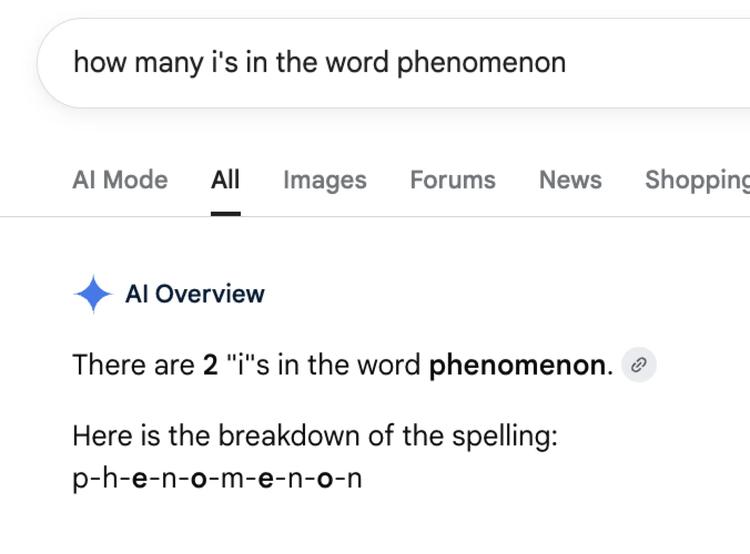 A screenshot of Google AI overviews giving the wrong answer to a spelling question.