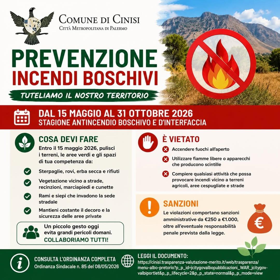 🔥 Prevenzione incendi boschivi e tutela del territorio – Ordinanza Sindacale n. 85/2026 🔥 Il Comune di Cinisi informa...