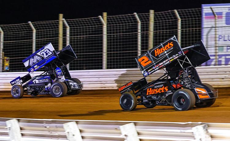 Chase Dietz races ahead of David Gravel at BAPS Motor Speedway