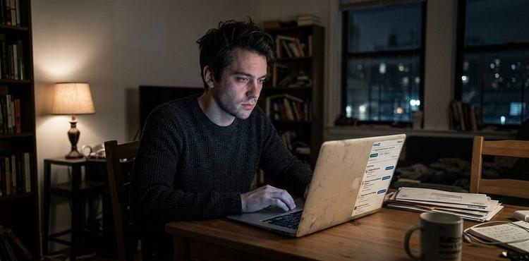 A young man in his early twenties searching for a job on a laptop in a dimly lit room at night, lit only by the screen.