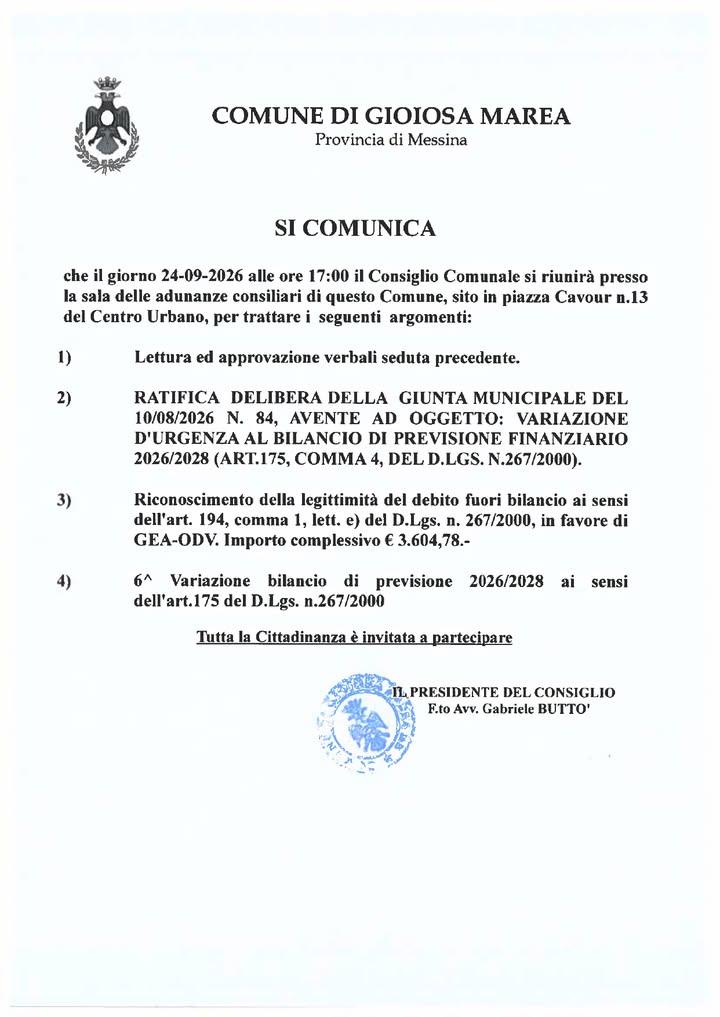 ✍️Il presidente del Consiglio Comunale Gabriele Buttò ha convocato per giovedì 24 settembre alle ore 17 i lavori dell'as...