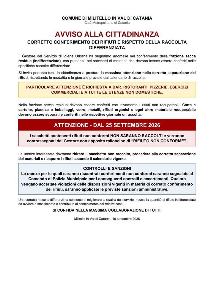 AVVISO ALLA CITTADINANZA CORRETTO CONFERIMENTO DEI RIFIUTI E RISPETTO DELLA RACCOLTA DIFFERENZIATA.