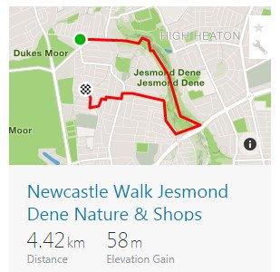 Route overview of the Jesmond Dene Nature and Shops Walk