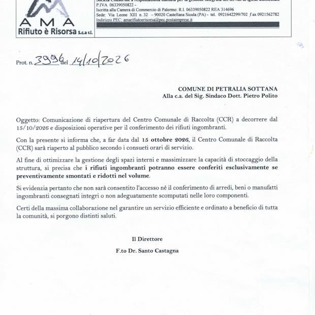 ✅ Comunicazione di riapertura del Centro Comunale di raccolta (CCR) a decorrere dal 15 ottobre e disposizione operative...