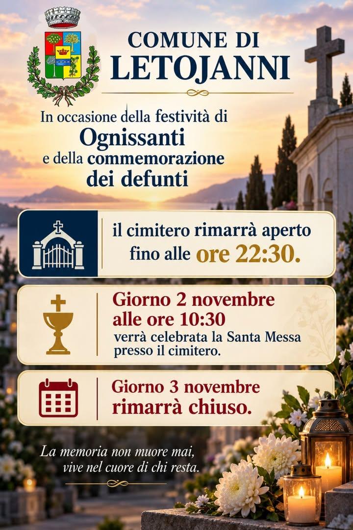 📌COMMEMORAZIONE DEI DEFUNTI ORARI DI APERTURA CIMITERO 🕯In questi giorni dedicati al ricordo dei nostri cari, vi condi...