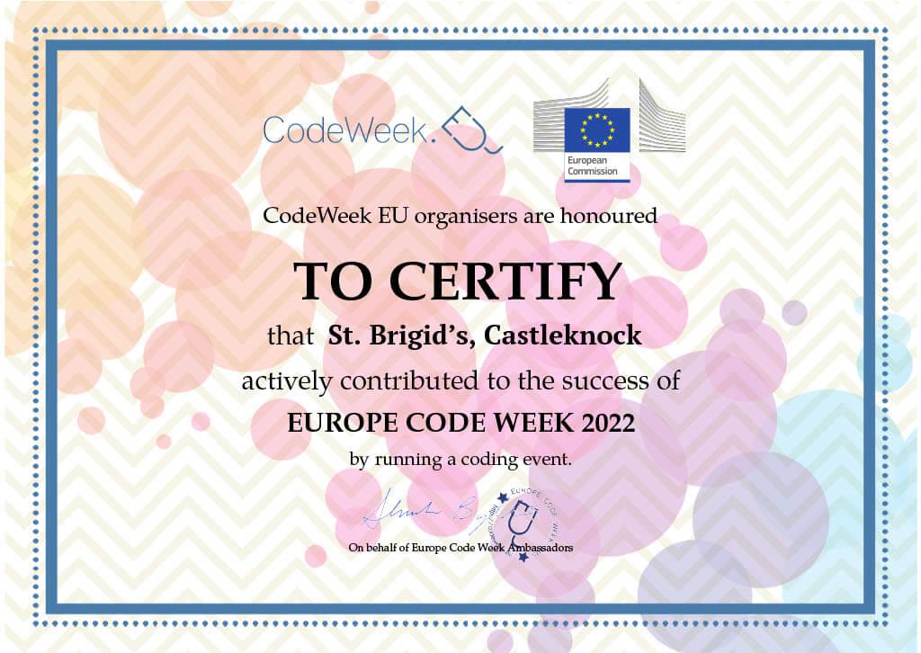 CodeWeek Certificate for our school                                               @CodeWeekIRL @PDST_TechinEd