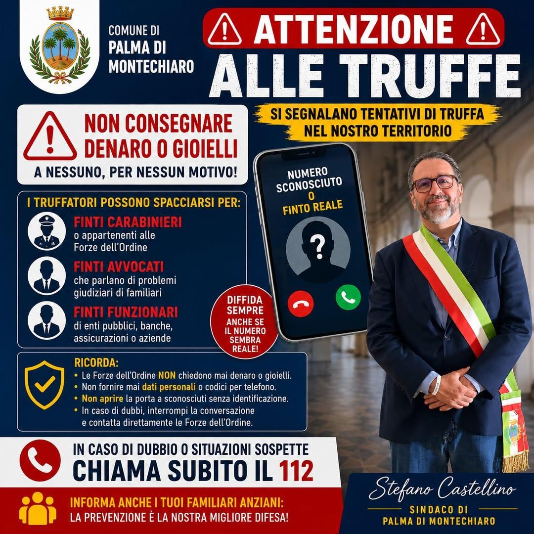 ATTENZIONE ⚠️ TRUFFE TELEFONICHE⚠️ ⚠️: MESSAGGIO IMPORTANTE  Il Sindaco Stefano Castellino, comunica che sono stati segn...