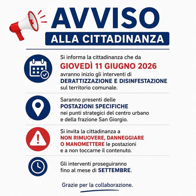 🚨 AVVISO ALLA CITTADINANZA Si informa  che da giovedì 11 giugno 2026 avranno inizio gli interventi di derattizzazione e...
