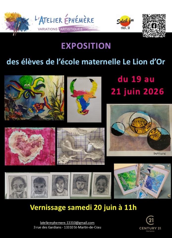 EXPOSITION DES ÉLÈVES DE L’ÉCOLE MATERNELLE DU LION D’OR DE ST MARTIN DE CRAU À L’ATELIER ÉPHÉMÈRE DU 19 AU 21 JUIN2026